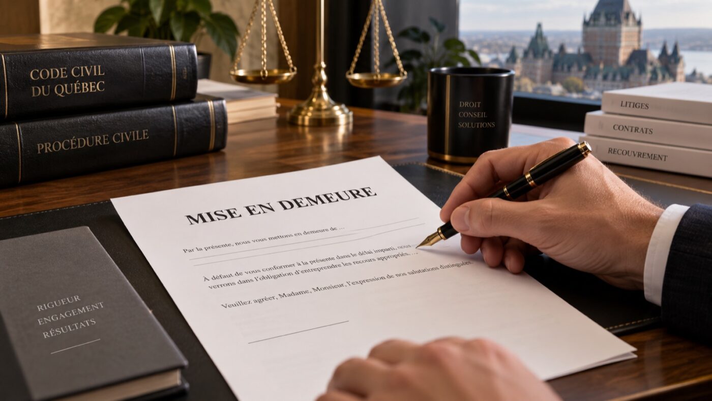 Lettre de mise en demeure signée sur un bureau, à côté du Code civil du Québec et du Code de procédure civile