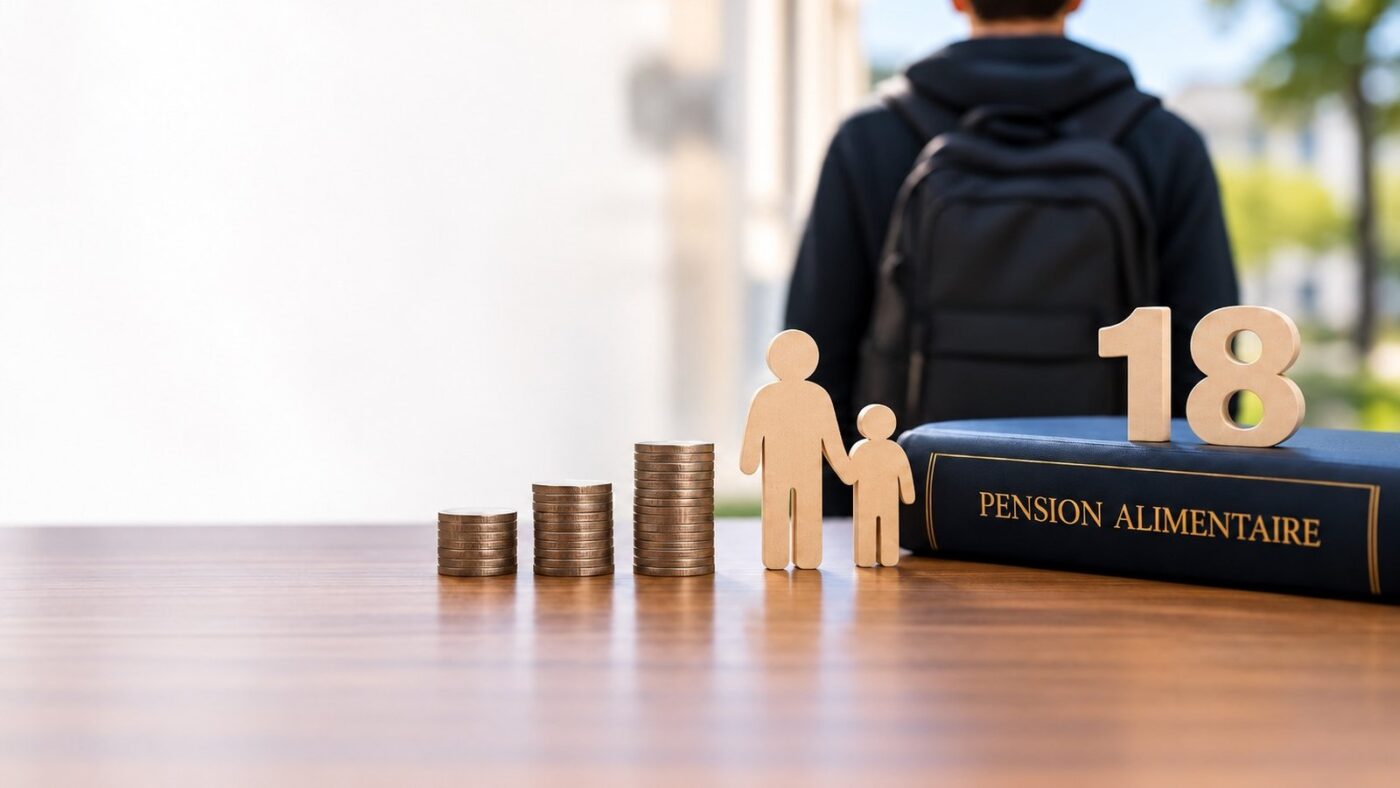 Pièces de monnaie, silhouettes d'un parent et d'un enfant, chiffre 18 et recueil intitulé Pension alimentaire