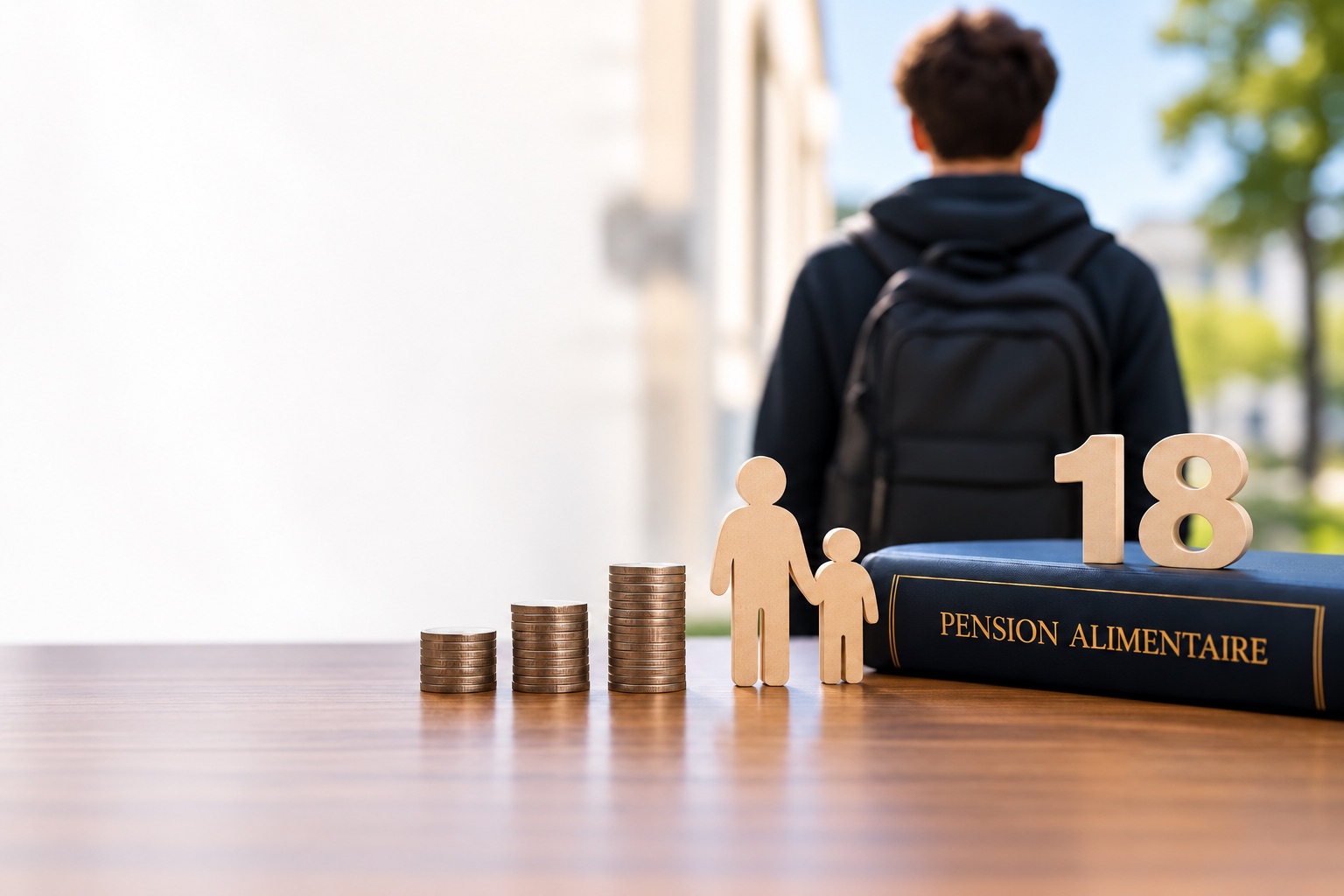 Pièces de monnaie, silhouettes d'un parent et d'un enfant, chiffre 18 et recueil intitulé Pension alimentaire
