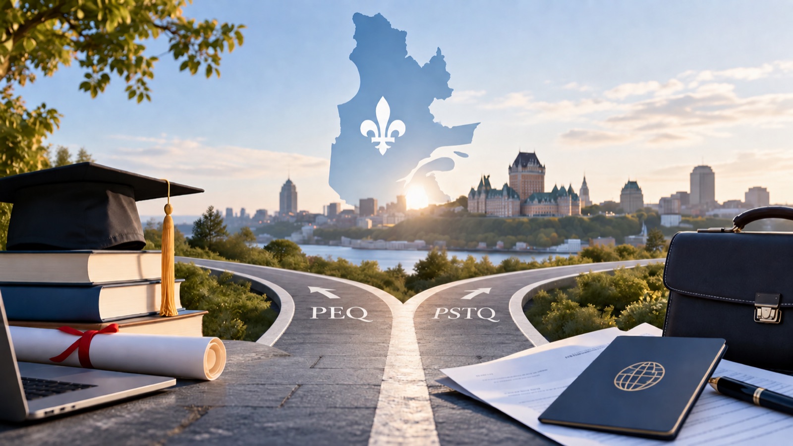 Une route qui bifurque : a gauche le PEQ, symbolise par un mortier de diplome, un parchemin et des livres; a droite le PSTQ, symbolise par une mallette, un passeport et des documents. Au fond, la silhouette du Quebec avec la fleur de lys, au-dessus de la ville de Quebec.
