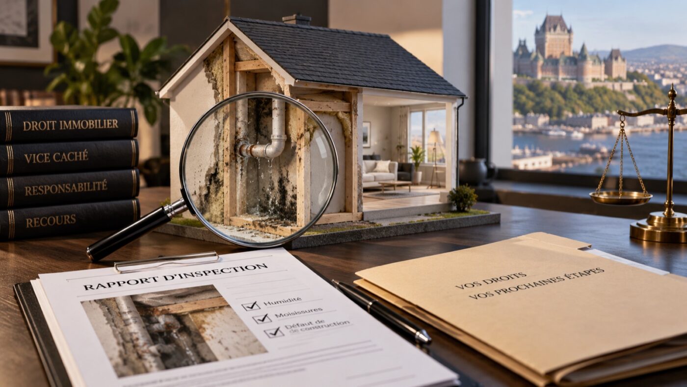 Maquette de maison au mur ouvert montrant une infiltration d'eau, loupe et rapport d'inspection sur le bureau d'un avocat