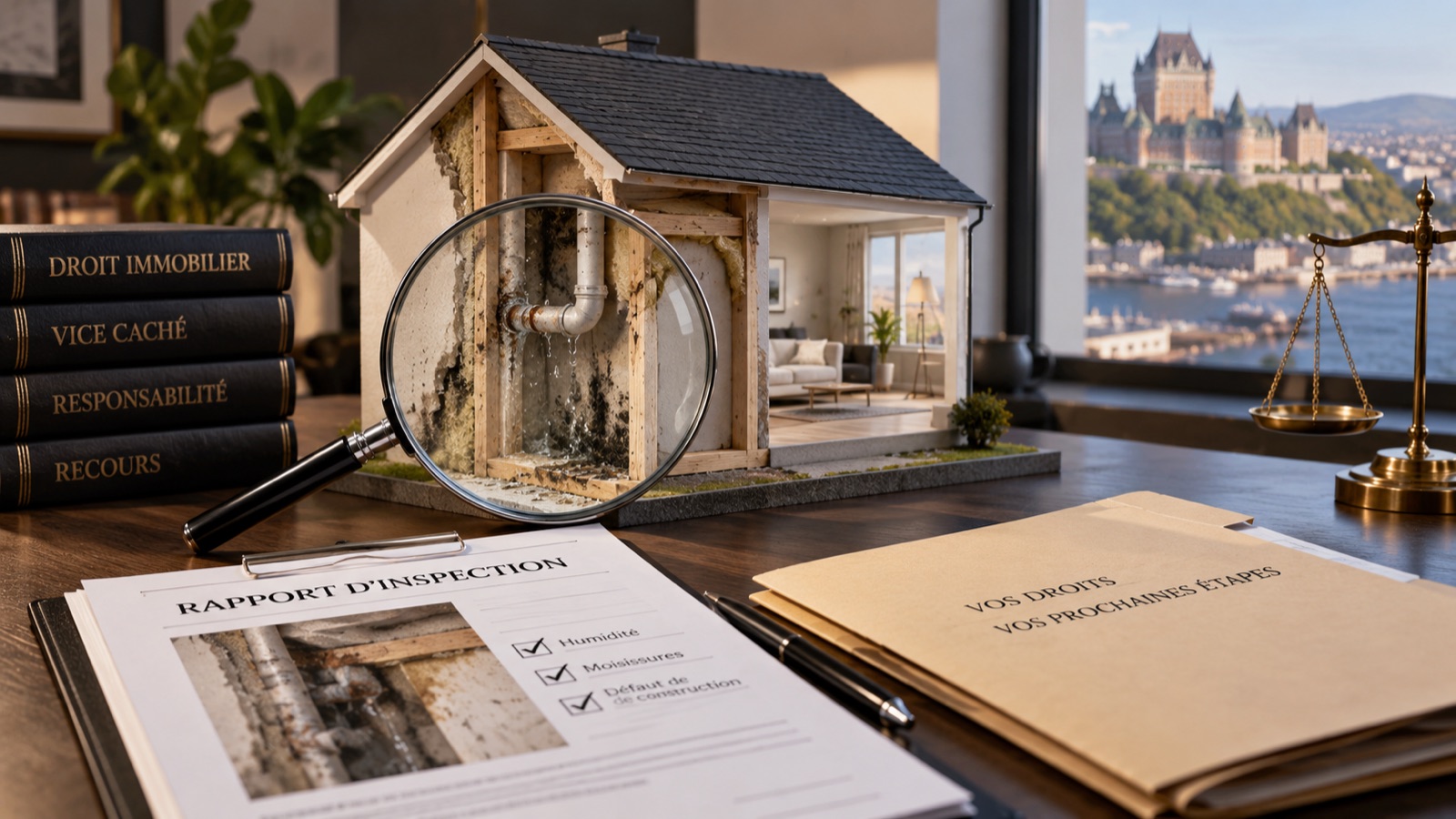 Maquette de maison au mur ouvert montrant une infiltration d'eau, loupe et rapport d'inspection sur le bureau d'un avocat